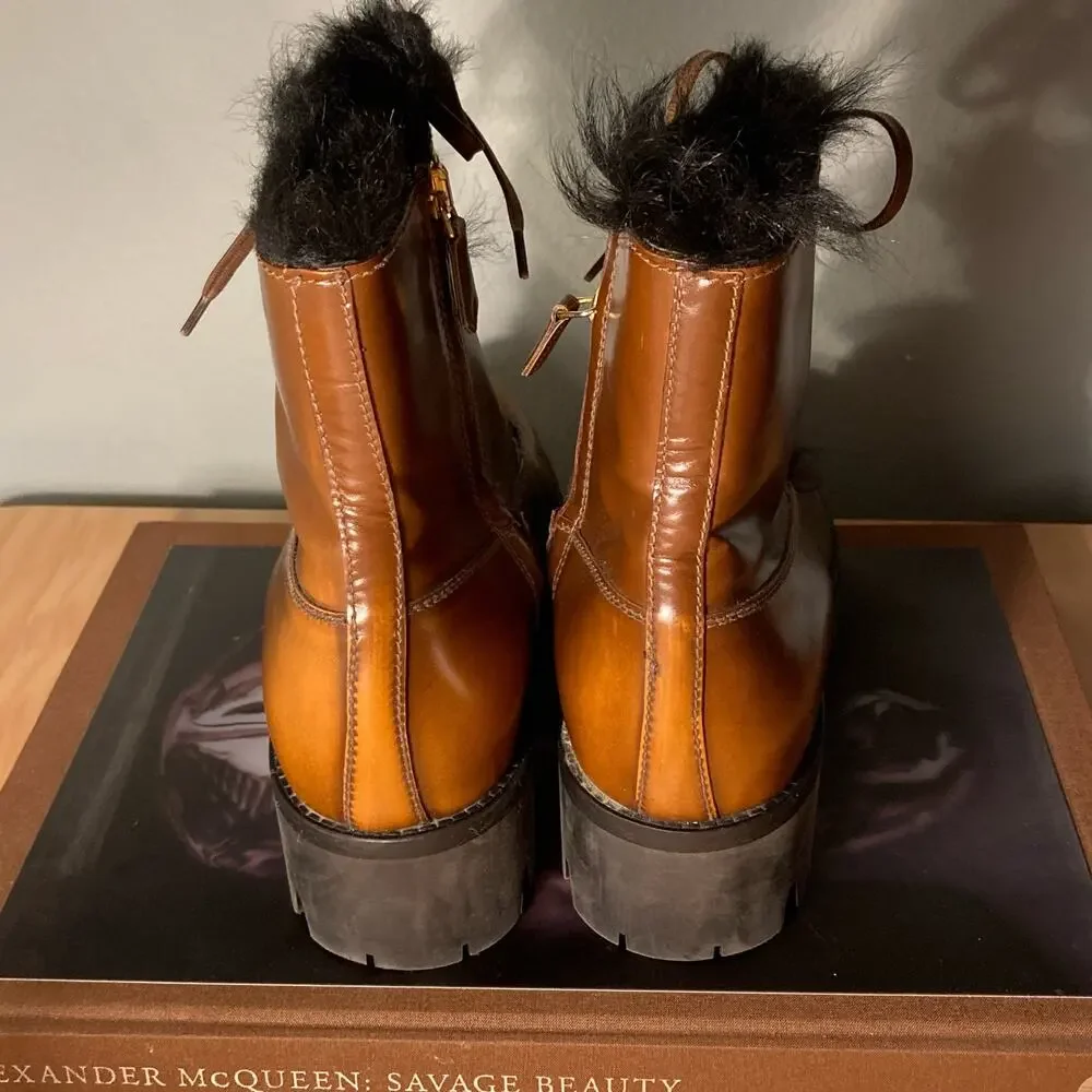 Prada Tobacco Burnished Leather Fur Combat Boot Orig $1400 Sz 38 / 7.5 8~ Mint - Picture 3 of 12